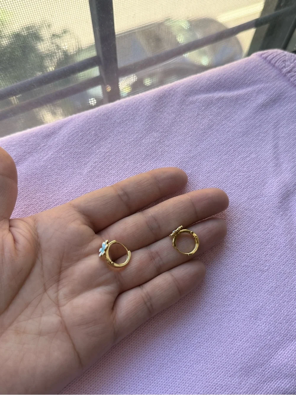 Gold Hoop Earrings with Blue Flower for Kids